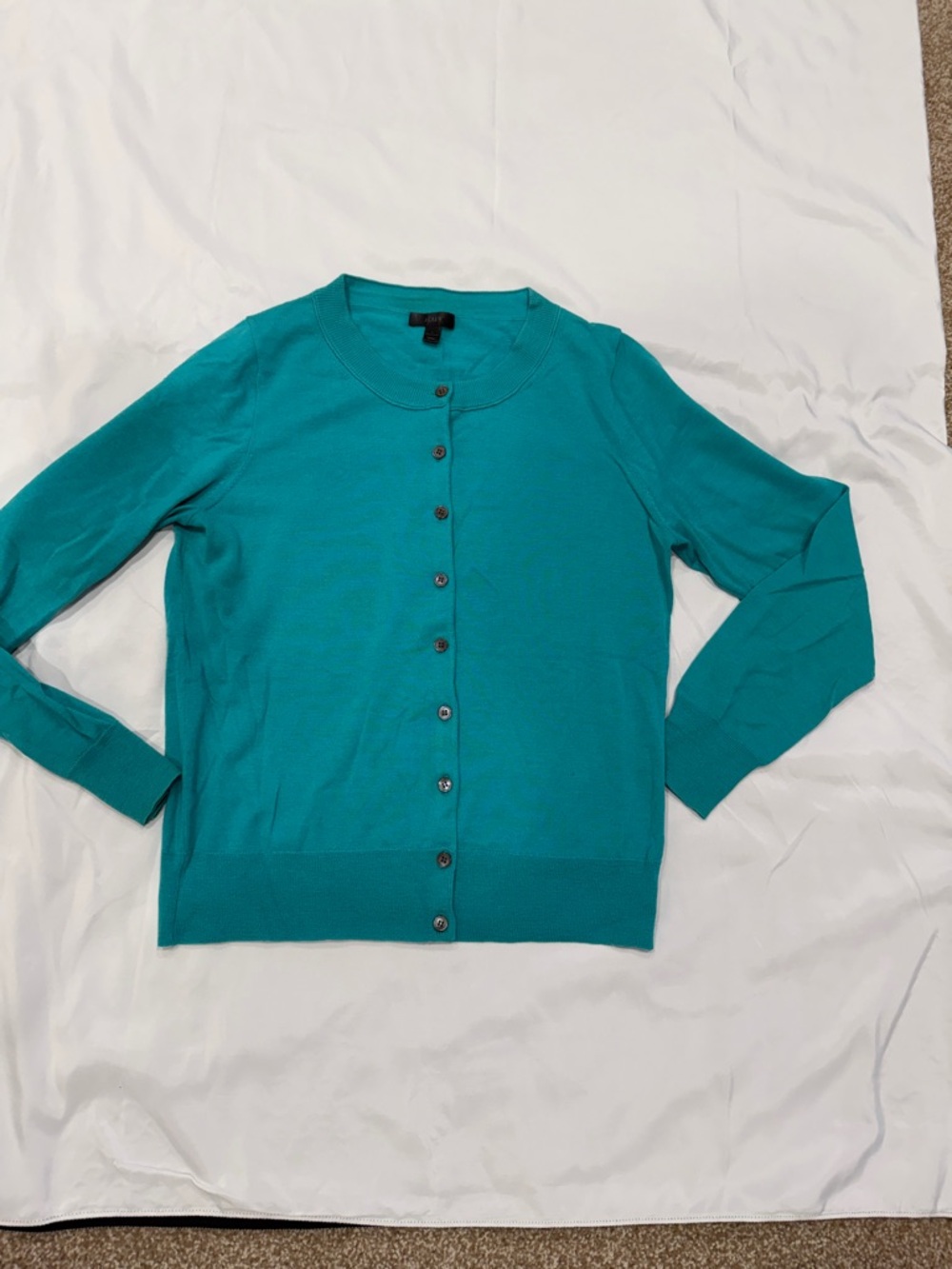 J Crew Women's Teal Button-Front Crewneck Cardigan Merino Sweater—Large - Picture 2 of 8